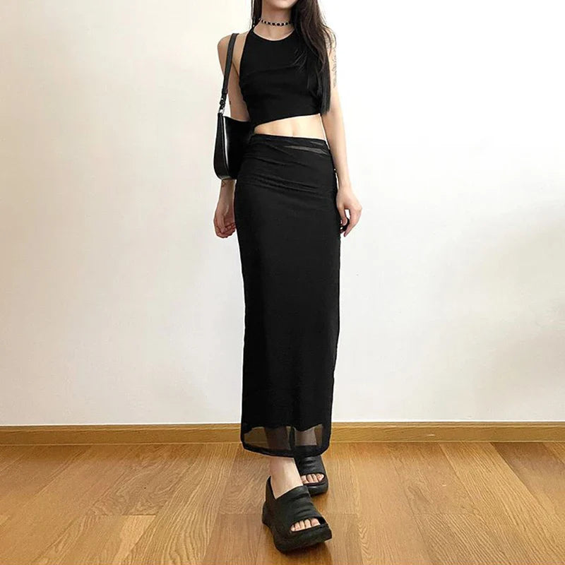 Y2K Black Long Skirts Women Harajuku Sexy Mesh Patchwork Wrap Skirt Summer Gothic Korean High Waist Slim A Line Faldas New