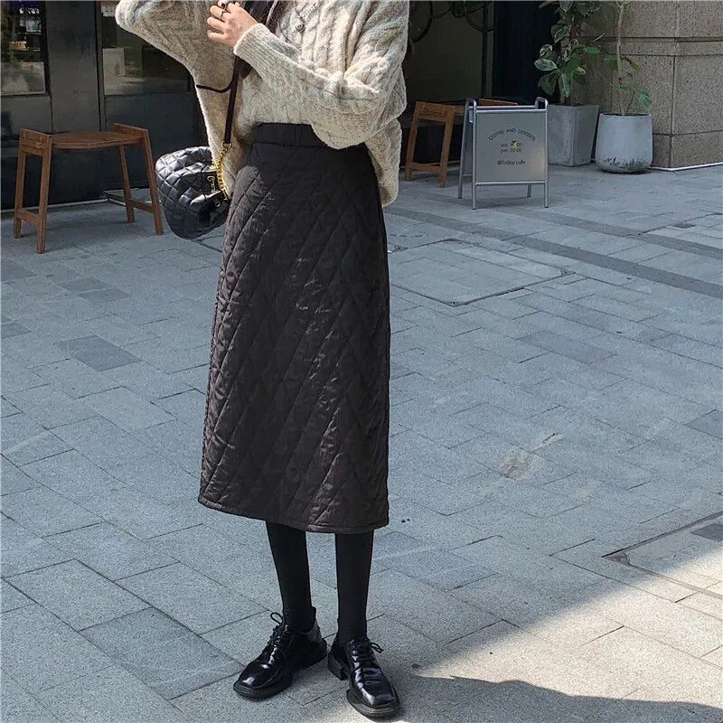 maoxiangshop Black Quilted Skirt Winter Women Pull-on Long Padded Skirt  with Pocket Classic Warm Outfit