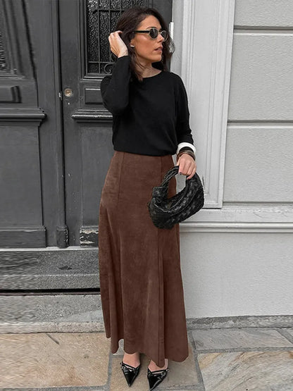 maoxiangshop  -  Elegant Suede Brown Women Skirts High Waist Pleated Slim Female Skirt 2024 Autumn Winter Zipper Office All Match Lady Party Wear