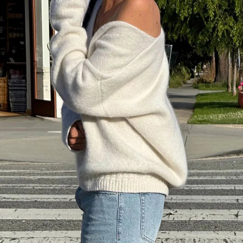 V-neck Off Shoulder Sweater Women Autumn Winter White Basic Casual Long Sleeve Loose Sweater Cozy Knitted Pullover