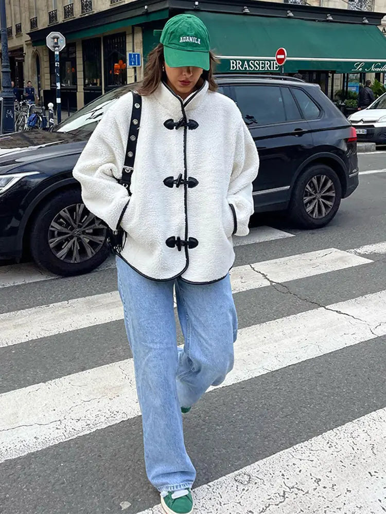 maoxiangshop -  Stand Collar Long Sleeve Quilted Jacket Women Loose Single Breasted Pockets Coat Autumn Winter Fashion Female Streetwear