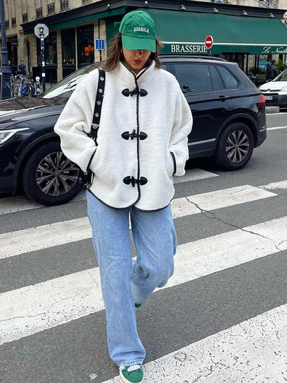 maoxiangshop -  Stand Collar Long Sleeve Quilted Jacket Women Loose Single Breasted Pockets Coat Autumn Winter Fashion Female Streetwear