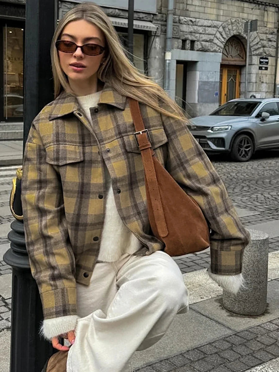 maoxiangshop  -  2024 New Plaid Contrast Jacket Women Autumn Winter Single Breasted Long Sleeve Outerwear Female Streetwear Vintage Fashion Coat