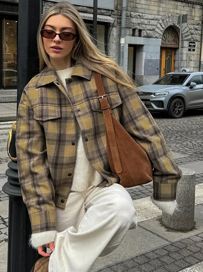 maoxiangshop  -  2024 New Plaid Contrast Jacket Women Autumn Winter Single Breasted Long Sleeve Outerwear Female Streetwear Vintage Fashion Coat