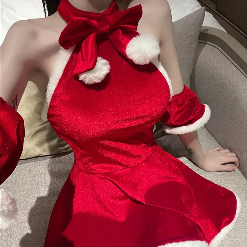 maoxiangshop Christmas Women Uniform Fancy Dress Santa Claus Cosplay Costume Winter Red Top Skirt Cape Cloak Sexy Lingerie Maid Bunny