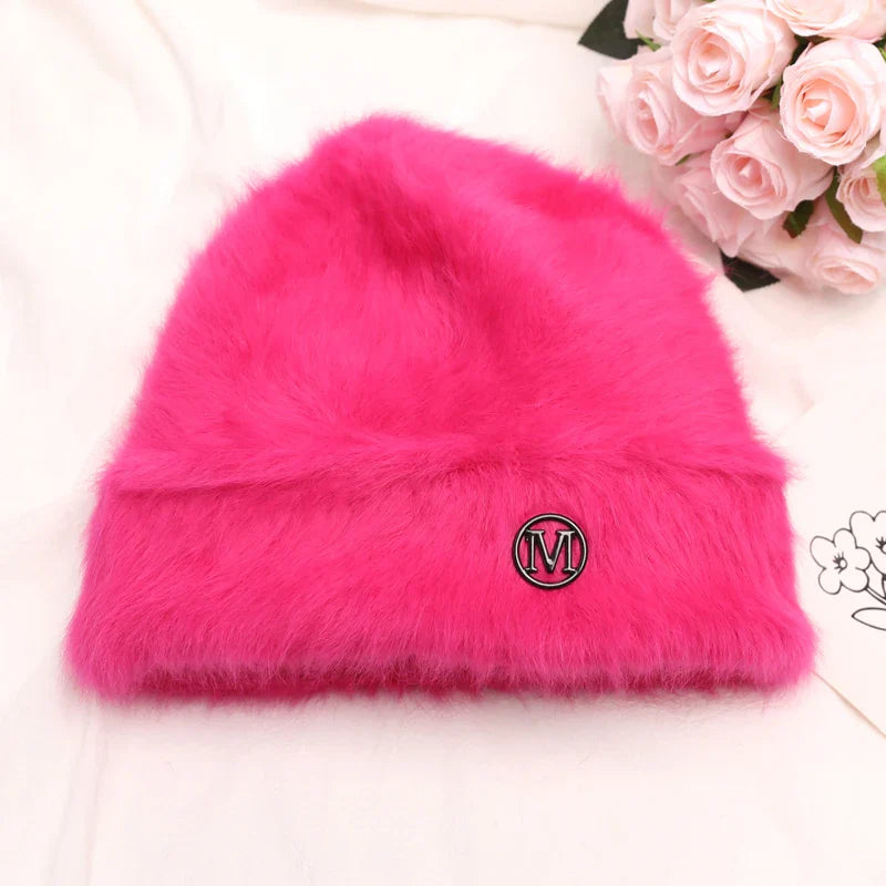 maoxiangshop New Fashion Rabbit Fur Y2k Beanies for Women Soft Warm Fluffy Angola Winter Hat Female Windproof Bonnet Hat Skullies Cap