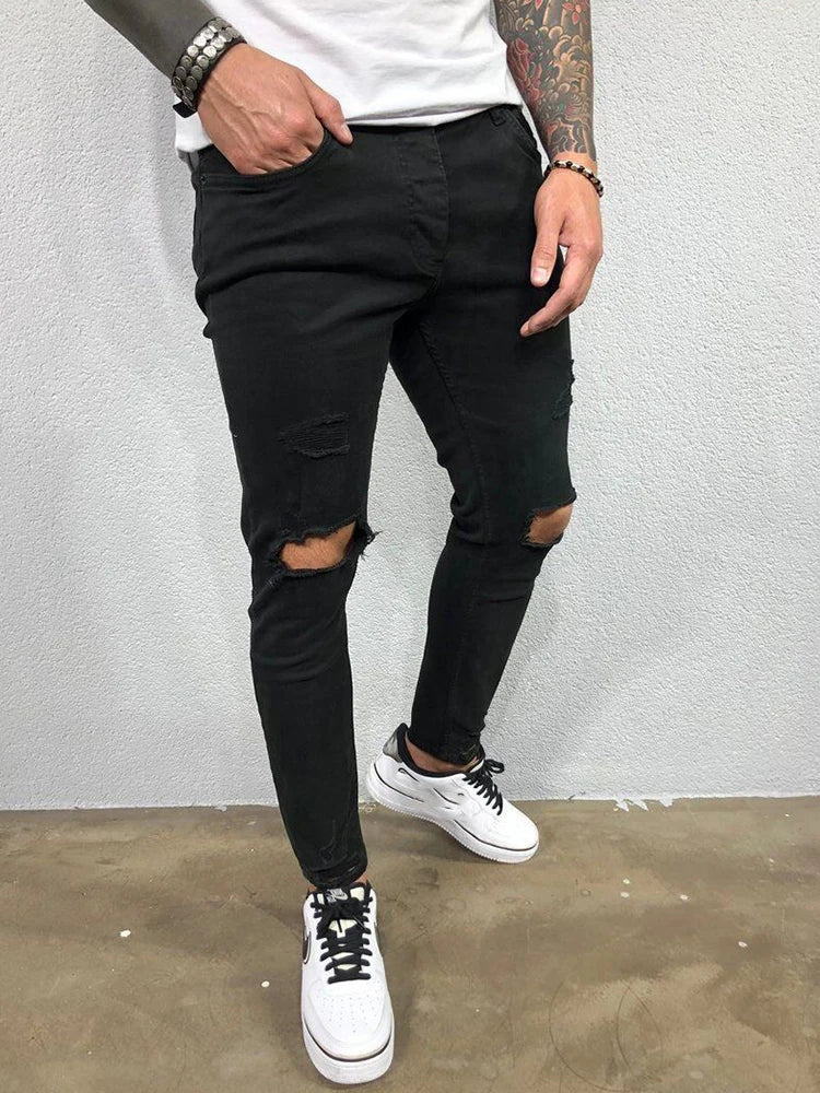 maoxiangshop Distressed Knee Holes Elastic Skinny Jeans Men Ripped Biker Denim Pants Solid Washed Streetwear Black Pantalones Hombre Joggers