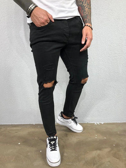 maoxiangshop Distressed Knee Holes Elastic Skinny Jeans Men Ripped Biker Denim Pants Solid Washed Streetwear Black Pantalones Hombre Joggers