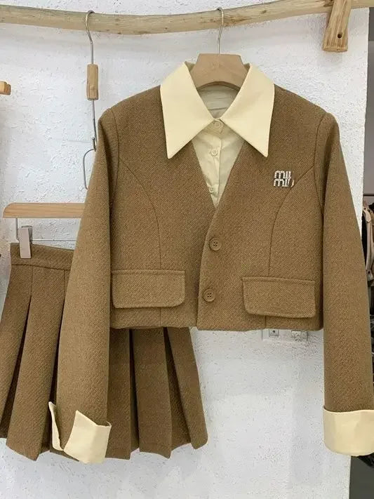 maoxiangshop  -  Winter New High end Shirt Splicing Fake Two piece Short Coat+Pleated Short Skirt Set Korean Fashion Two piece Set Women Outfits