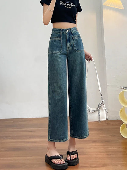 maoxiangshop Women Jeans New Straight Leg Wide Streetwear High Waist Boyfriend Pockets Denim Trousers Cargo Pants Japanese Y2k