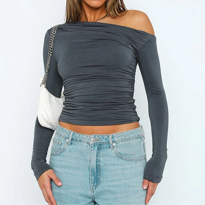 Women Ruched Off Shoulder T-shirts Casual Solid Color Long Sleeve Shirts Cropped Tops Streetwear Clubwear Sexy Pleated Pullovers