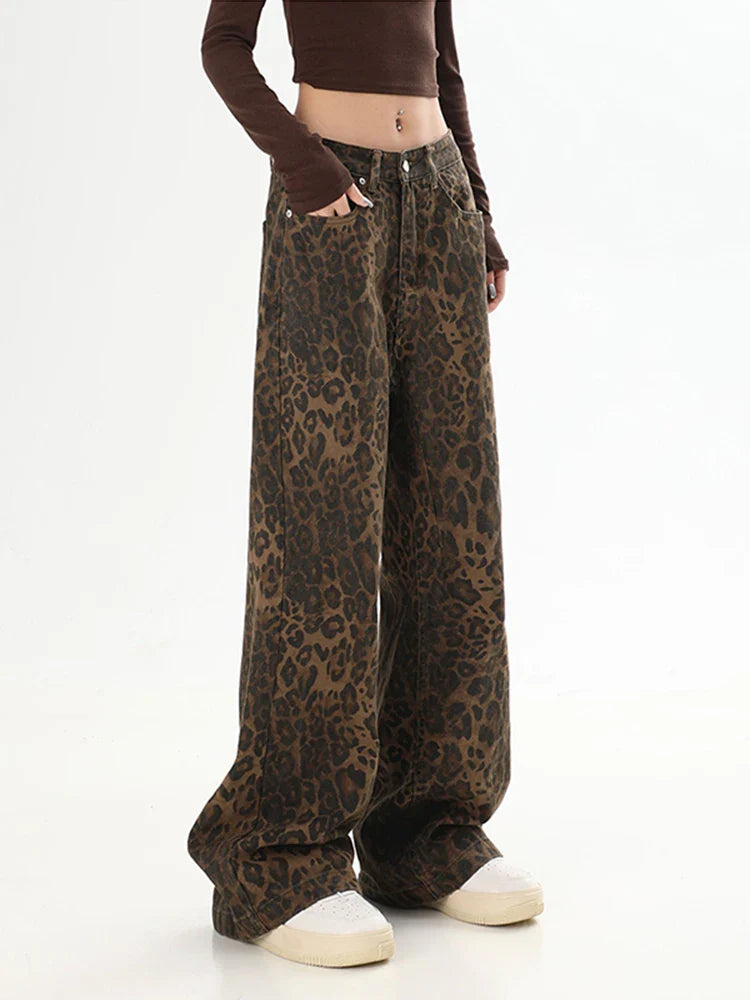 Women's Brown Jeans Leopard Print Retro Straight Tube Baggy Pants Fashion Street Fashion Y2K Jeans New Winter Leggings