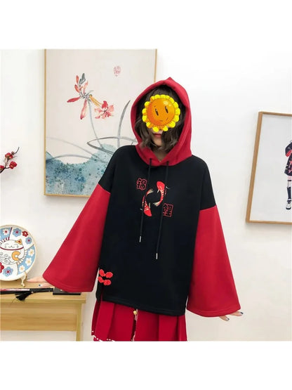 maoxiangshop Fleece Women's Hooded Sweatshirt Cartoon Embroidery Hoodies Flare Sleeve Pullover Tracksuits Winter Clothes For Sweet Girl