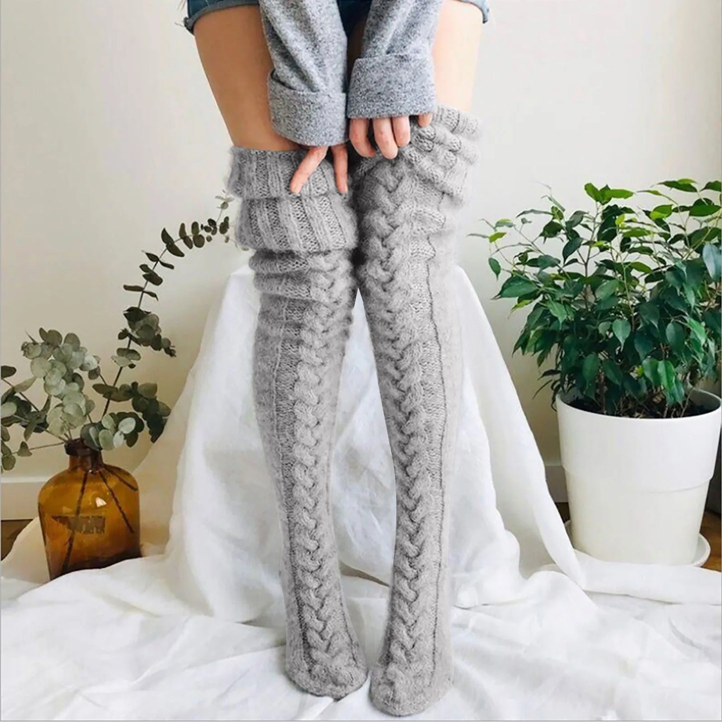 maoxiangshop Women Socks Christmas solid Long Over The Knee Cotton Socks High Long Winter Knitting Over Knee Xmas Knit carpet Socks