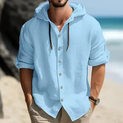 maoxiangshop Summer Men's Linen Shirt Solid Streetwear Long Sleeve Hoodie Cardigan Clothing For Men Button Tops Casual Loose Men Hooded Shirt