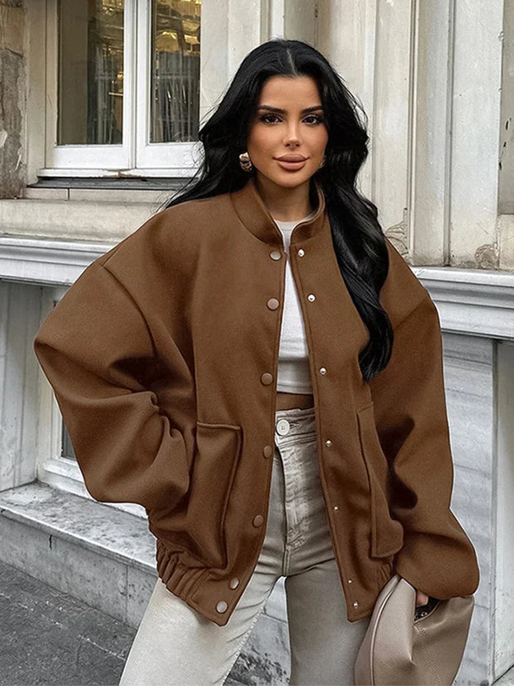 maoxiangshop  -  Thick Women's Autumn Bomber Jacket Woolen Single Breasted Oversized Stand Collar Casual Pocket Coats All-match Chic Outwear