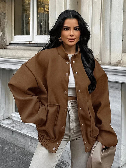 maoxiangshop  -  Thick Women's Autumn Bomber Jacket Woolen Single Breasted Oversized Stand Collar Casual Pocket Coats All-match Chic Outwear
