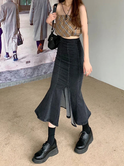 maoxiangshop Black Denim Long Skirt Women Vintage High Waist Split Bodycon Ruffles Pencil Mermaid Midi Skirt Summer Japanese Fashion