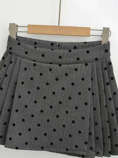 maoxiangshop  -  2024 Women Fashion Sweet Polka Dot Chic Pleated Mini Skirt Preppy Style Mid Waist Short Skirts Cute Split Skorts
