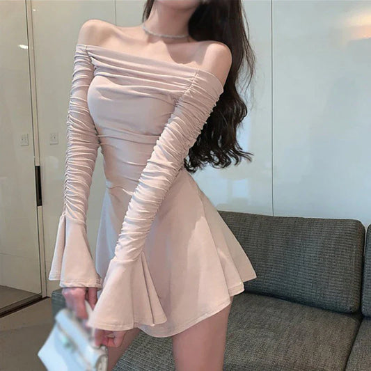 maoxiangshop Off Shoulder Long-Sleeved Dress Spring Autumn Solid Color Pleated Design Slim Fitting Sexy Short Dress Sweet And Spicy