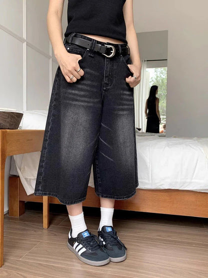 Y2K High Waist Wide Leg Denim Shorts Women Fashion Casual Vintage Streetwear Mid Long Pants Harajuku Baggy Loose Jeans Black New