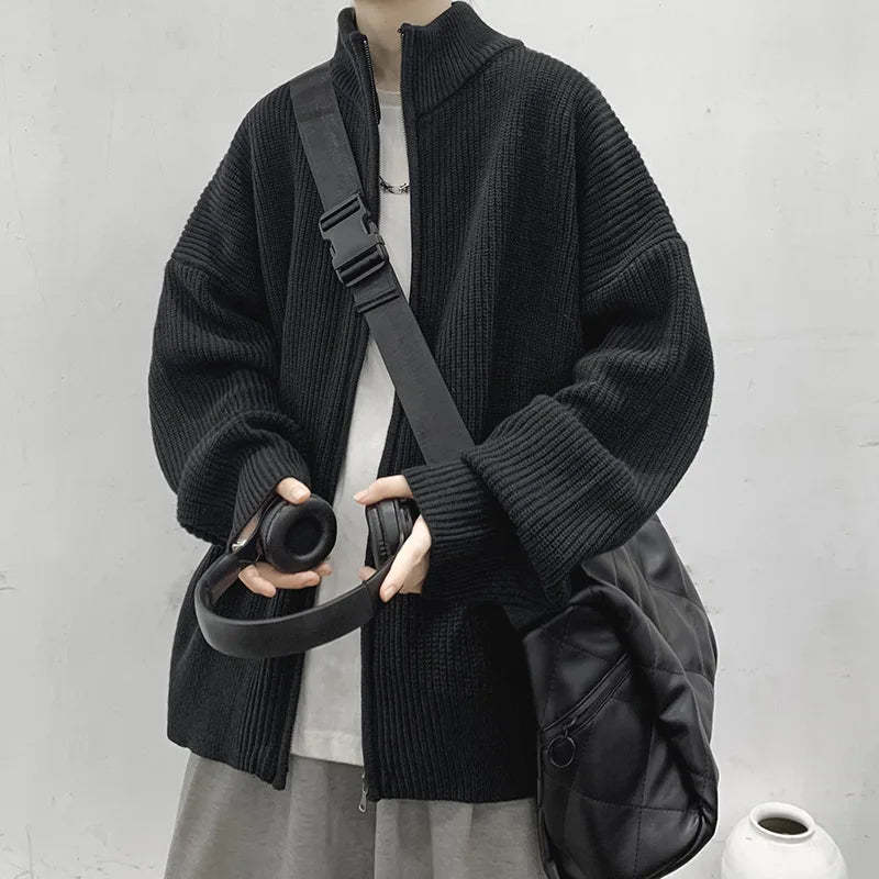 maoxiangshop New Korean Fashion Thick Knitted Cardigan Men Casual Zip Up Sweaters Long Sleeve Knitwear Slim Fitted Zipper Cardigans Male