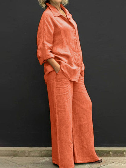 maoxiangshopWomen Cotton Linen Suits  Elegant Solid Long Sleeve Shirt Wide Leg Trousers Two Piece Set Female Casual Straight Pants Suits