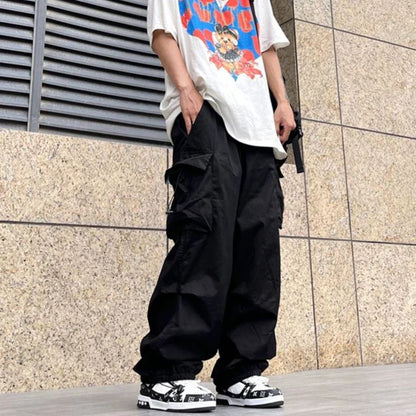 maoxiangshop Elastic Waist Big Pocket Cargo Pants Men Streetwear Spring Autumn Wide Leg Joggers Solid Color Oversize Baggy Pants Women