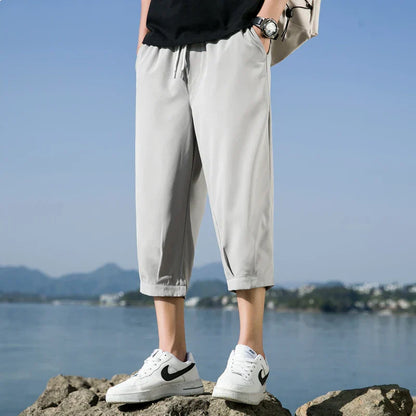 maoxiangshop Cropped Pants Men's Shorts Summer Ice Silk Trendy Straight Large Size Sports Casual Eight-point Medium Pants