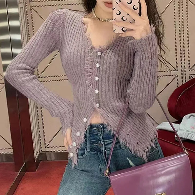 Women Sweater Cardigans Autumn Winter Tassel Knitted Korean Slim Long Sleeve Elegance Casual Hotsweet Y2K Top Solid V-neck New