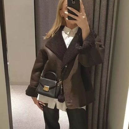 maoxiangshop -  Winter Faux Fur Thick Lapel Coat For Women Long Sleeve Jacket Female Warm PU Overcoat Ladies With Pockets Streetwear