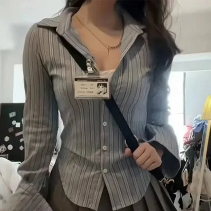 maoxiangshopJapan Korean Fashion Pure Desire Stripe Long sleeve Shirt Women Autumn New Slim Design Tie Temperament Top Blouse