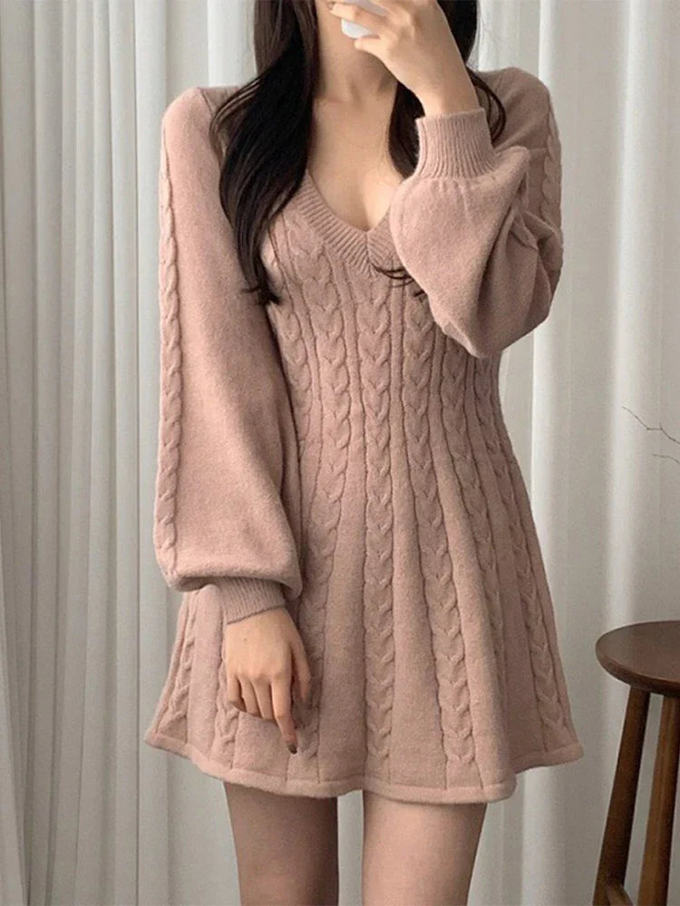 Twist Knitted Dress Women V Neck Lantern Sleeve Mini Female A-line Dresses 2024 Early Spring Solid All-match Lady Short Robe