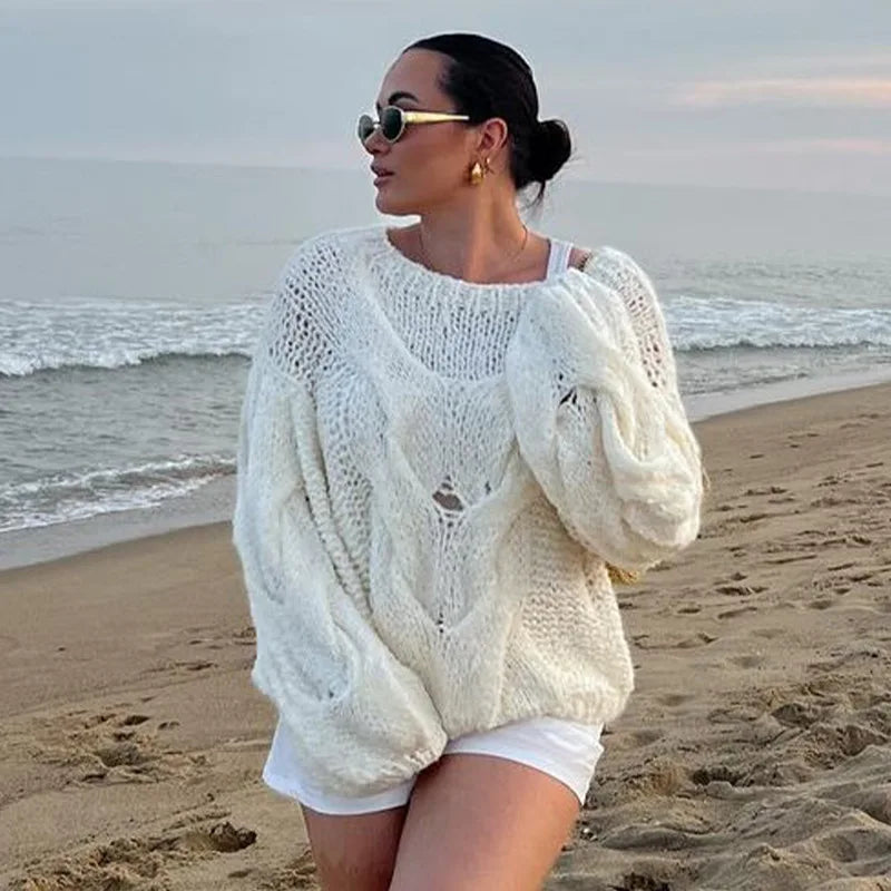 maoxiangshop  -  Women's Hand-knitted Twist Sweater Pullover Loose Fashion Versatile Long Sleeve Knitted Top Solid Color Autumn Winter New