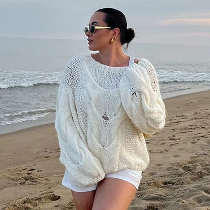 maoxiangshop  -  Women's Hand-knitted Twist Sweater Pullover Loose Fashion Versatile Long Sleeve Knitted Top Solid Color Autumn Winter New