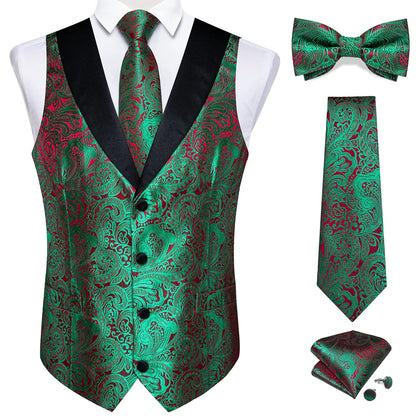 maoxiangshop Brand Suit Vest Set For Men Luxury Silk Black Gold Paisley Dress Vest Tie Cufflinks Handkerchief Set Male Sleeveless Waistcoat