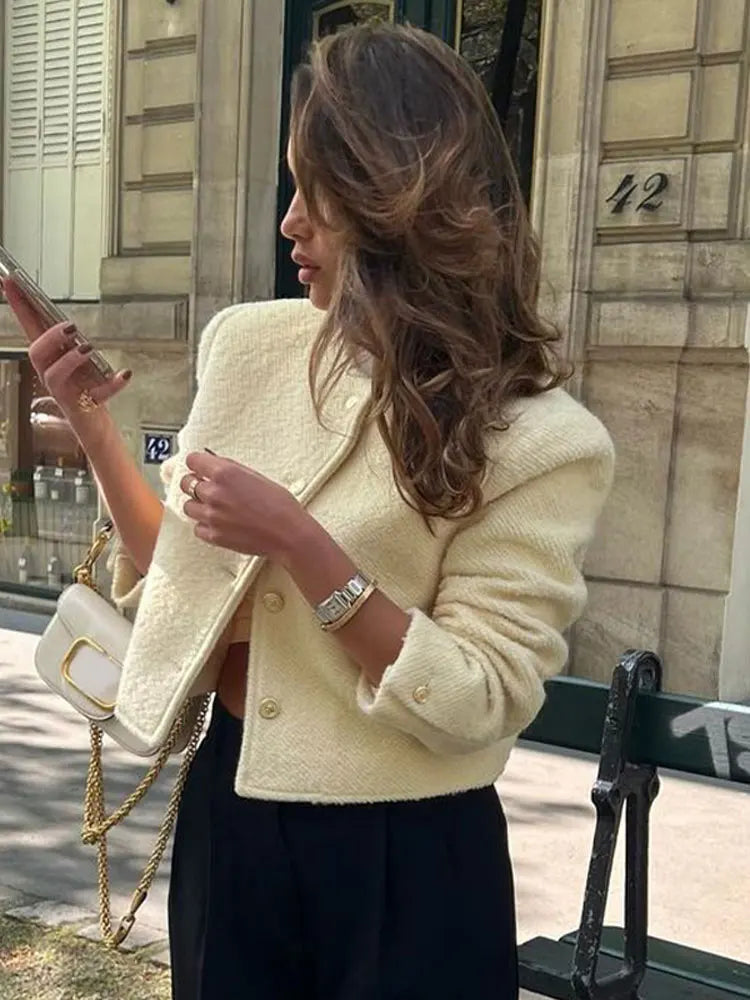 maoxiangshop -  Elegant O Neck Woolen Jacket For Women Casual Loose Long Sleeve Warm Coat Female Fashion Autumn Chic Office Lady Streetwear