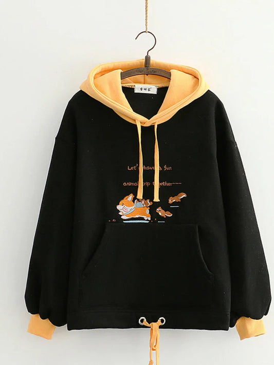 maoxiangshop Fleece Hooded Sweatshirt Winter Cartoon Dog Embroidery Hoodies Women Casual Long Sleeve Pullover Loose Tracksuit Female