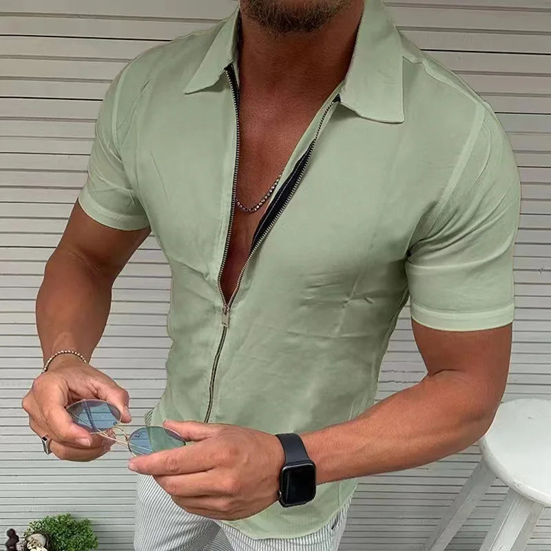 maoxiangshop Men's Light Business Office Casual Zipper Short Sleeve Shirt Slim Fit Solid Color Lapel Cardigan Fashion Tops