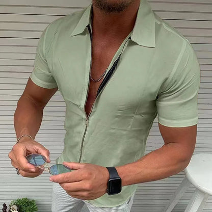 maoxiangshop Men's Light Business Office Casual Zipper Short Sleeve Shirt Slim Fit Solid Color Lapel Cardigan Fashion Tops