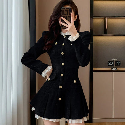 maoxiangshop New Women's Tweed Pleated Mini Dress Autumn Long Sleeve Korean Style Single Breasted Ruffle Fashion Office Lady Vintage Dresses