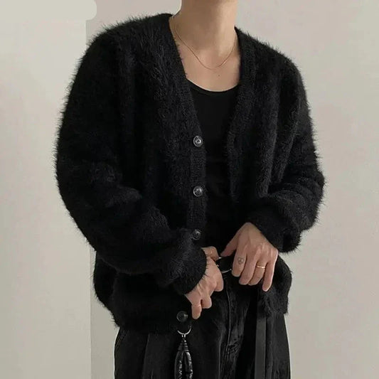 maoxiangshop Men Sweaters Solid Color Plush V Neck Long Sleeve Casual Cardigan Men Streetwear Fashion Leisure Knitted Outerwear