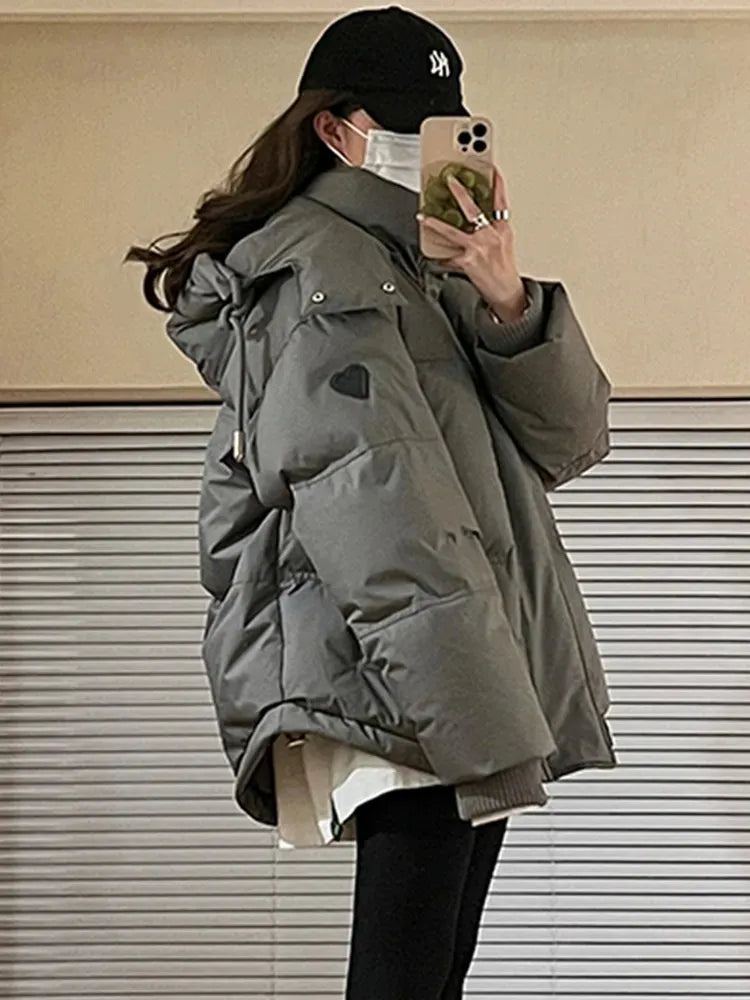 maoxiangshop Gery Down Cotton Jacket Women Hooded Parkas Winter Padded Coat Thick Warm Love Embroidery Loose Puffer Female Snow Outwear