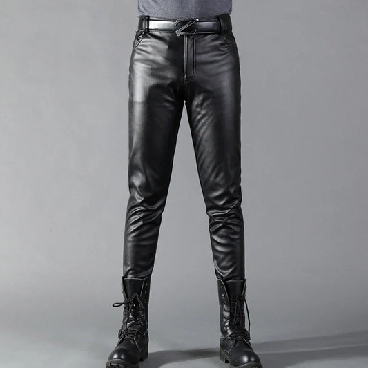 maoxiangshop Men's Leather Pants Skinny Fit Elastic Fashion PU Leather Biker's Trousers Nightclub Party & Dance Pants Thin