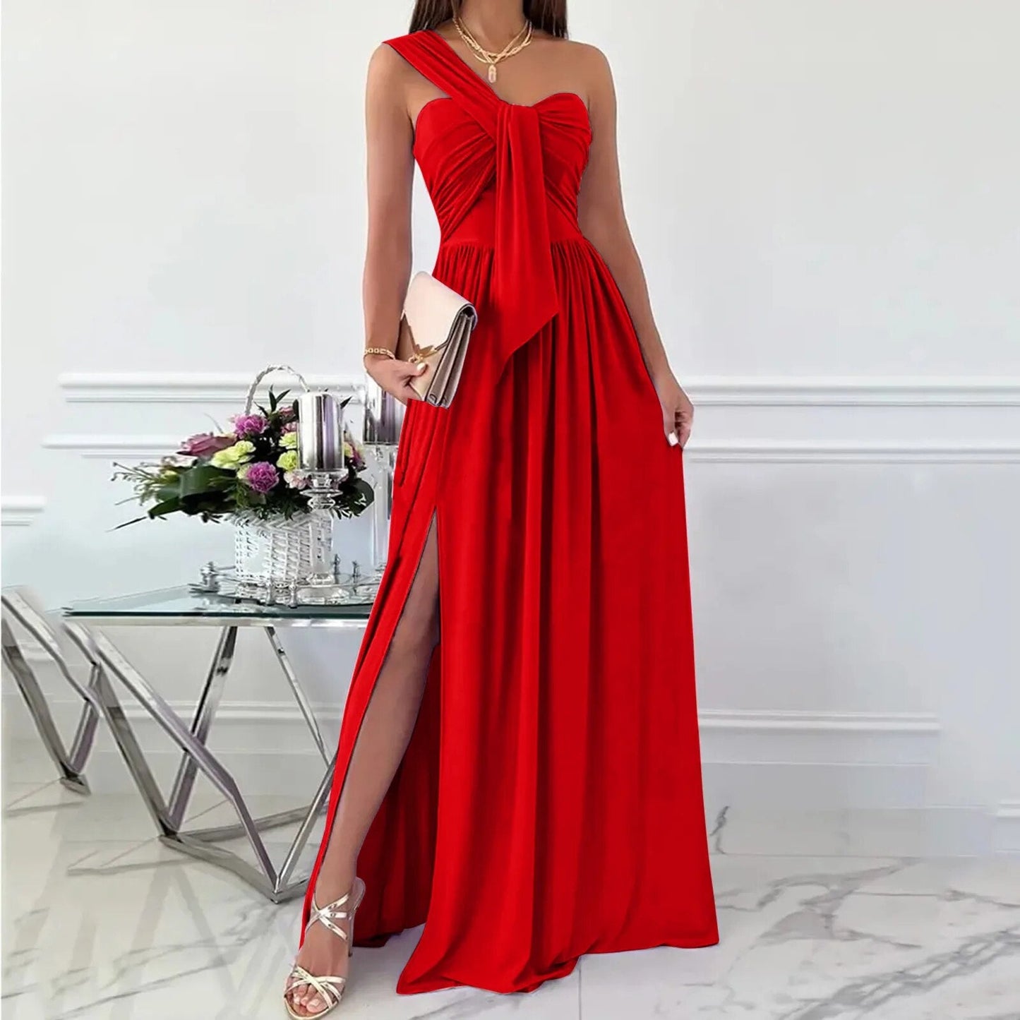 maoxiangshop Women Long One Shoulder Elegant Evening Dress Flower Fashion Elegant Dress Party Festive Casual Long Black Dresses for Women