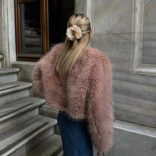 maoxiangshop  -  Brand Fashion 2024 Winter Sweet Pink Cropped Faux Fur Coat Women Streetwear Ins Chic Girls Fluffy Fox Fur Jacket Female
