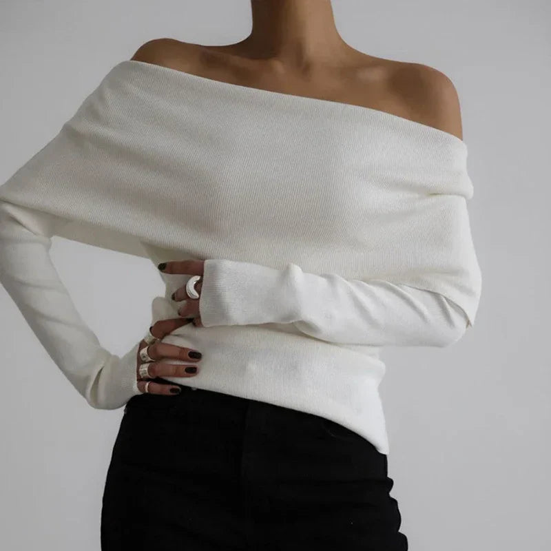 maoxiangshop  -  Women's Sweater Pullovers Long Sleeve Knitted One-Shoulder Sexy Slim Top Solid Color Autumn Winter 2024 Fashion Casual