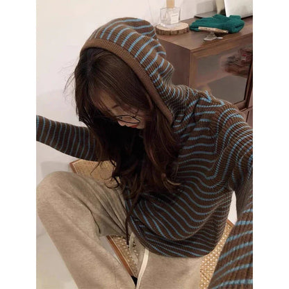 Vintage Hooded Sweater Women Harajuku Striped Knitted Pullovers Fall Winter Streetwear Long Sleeve Knitwear Korean Jumpers