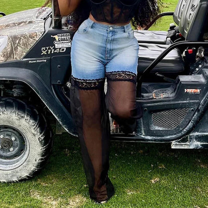 maoxiangshop  -  Mesh Patchwork Baggy Jeans Women Fashion High Waist Loose Straight Trousers Casual Streetwear Spring Autumn Denim Pants