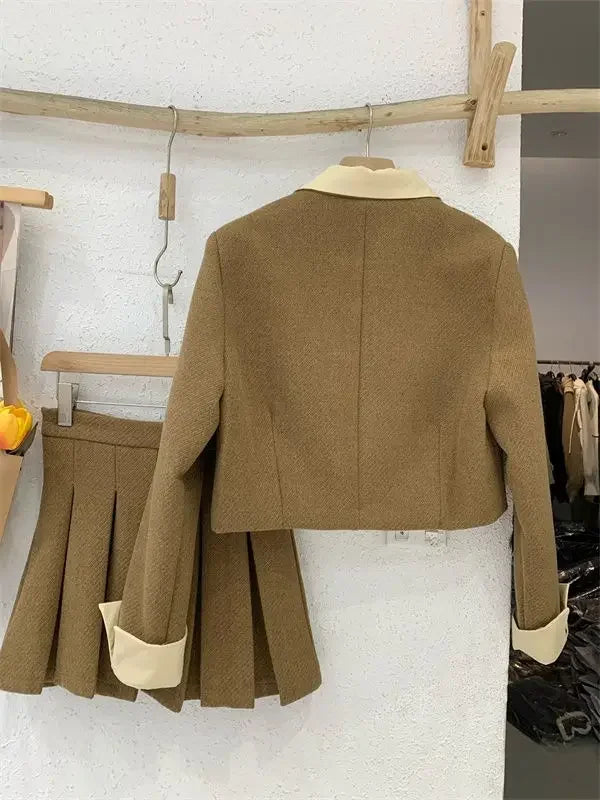 maoxiangshop  -  Winter New High end Shirt Splicing Fake Two piece Short Coat+Pleated Short Skirt Set Korean Fashion Two piece Set Women Outfits